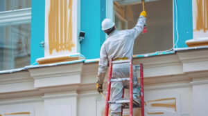 A man applies yellow paint to a building, showcasing his skill and dedication to the exterior painters task at hand.