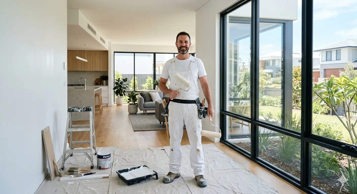Professional painter Perth with paint roller in freshly painted home interior