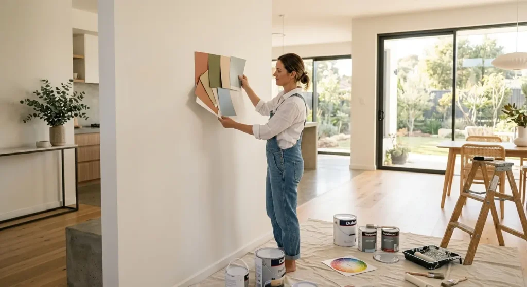 homeowner choosing interior paint colours with swatches against a wall by Auzz Painting Service
