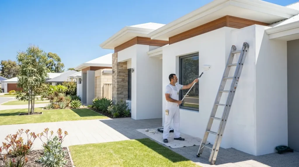 Professional painter applying fresh paint to an interior wall of a Perth home — house painting costs guide