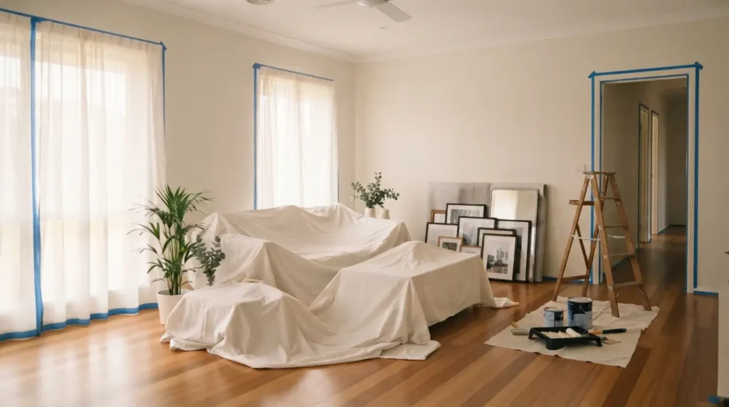 Living room with furniture covered in drop sheets ready for painters — preparing a Perth home for painting