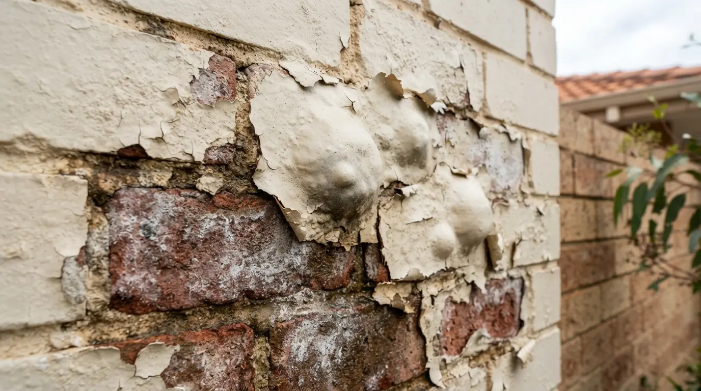 Peeling exterior paint on Perth home brick wall showing moisture damage