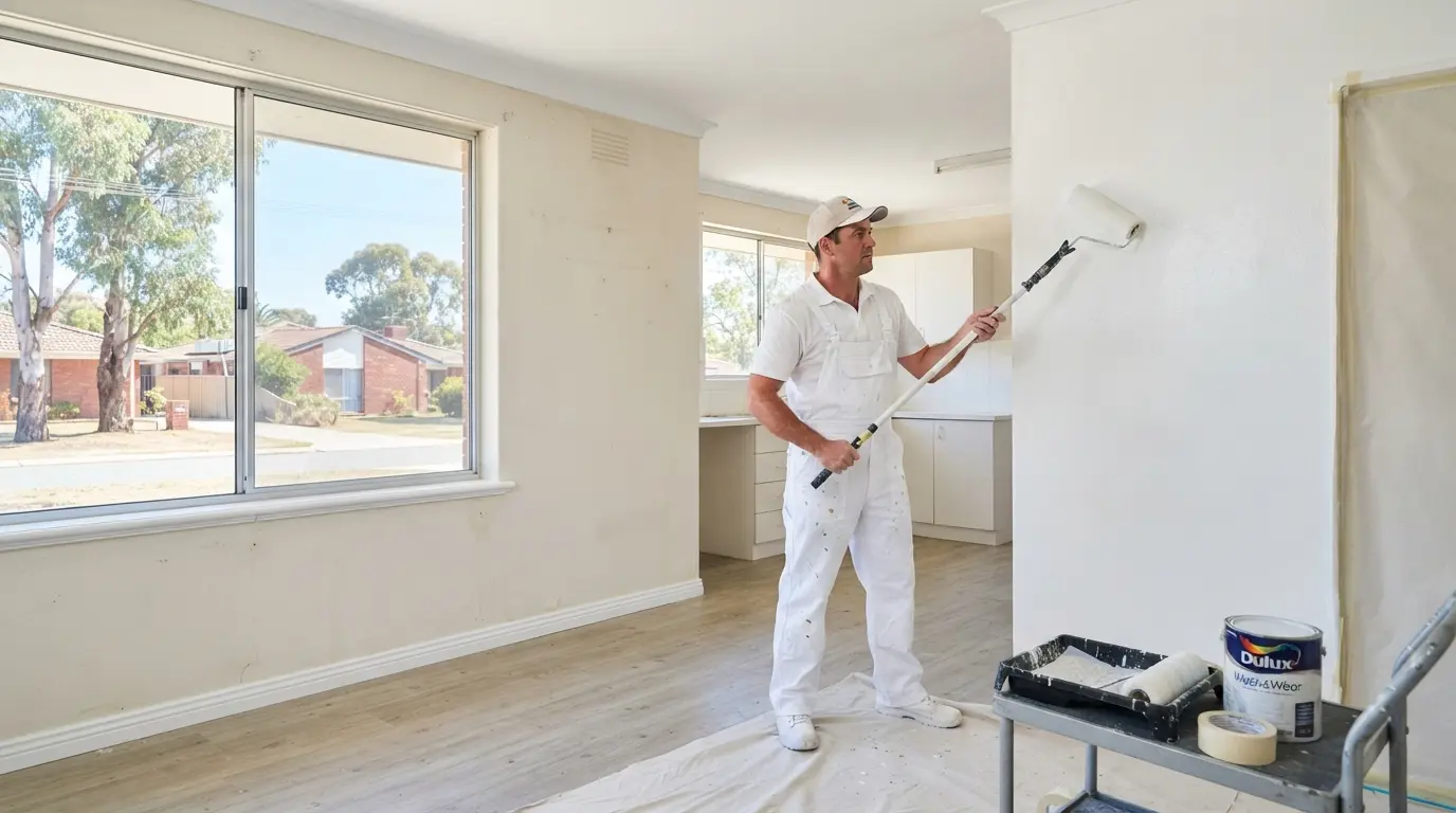 Professional painter repainting Perth rental property interior walls in neutral colour