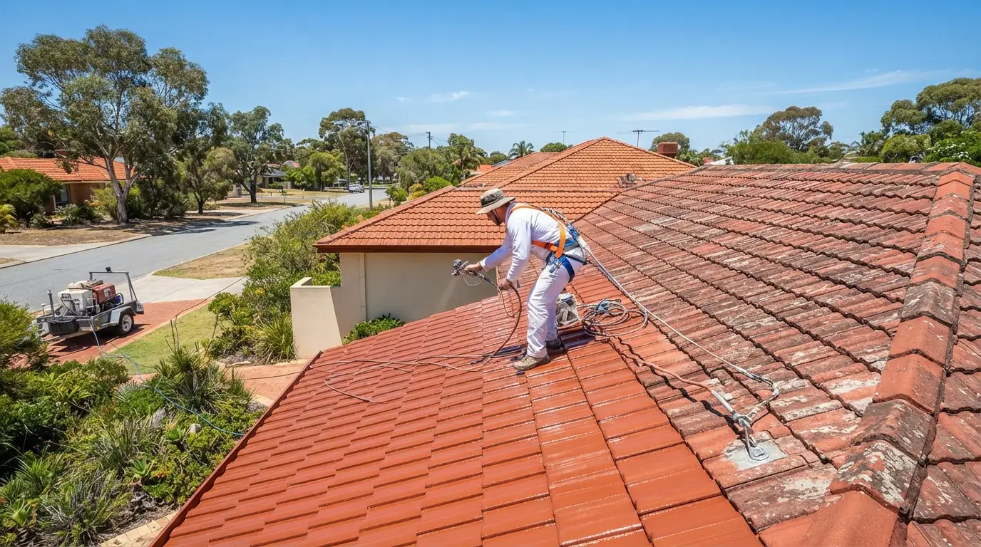 Professional roof tile painter applying coating to Perth home terracotta roof tiles